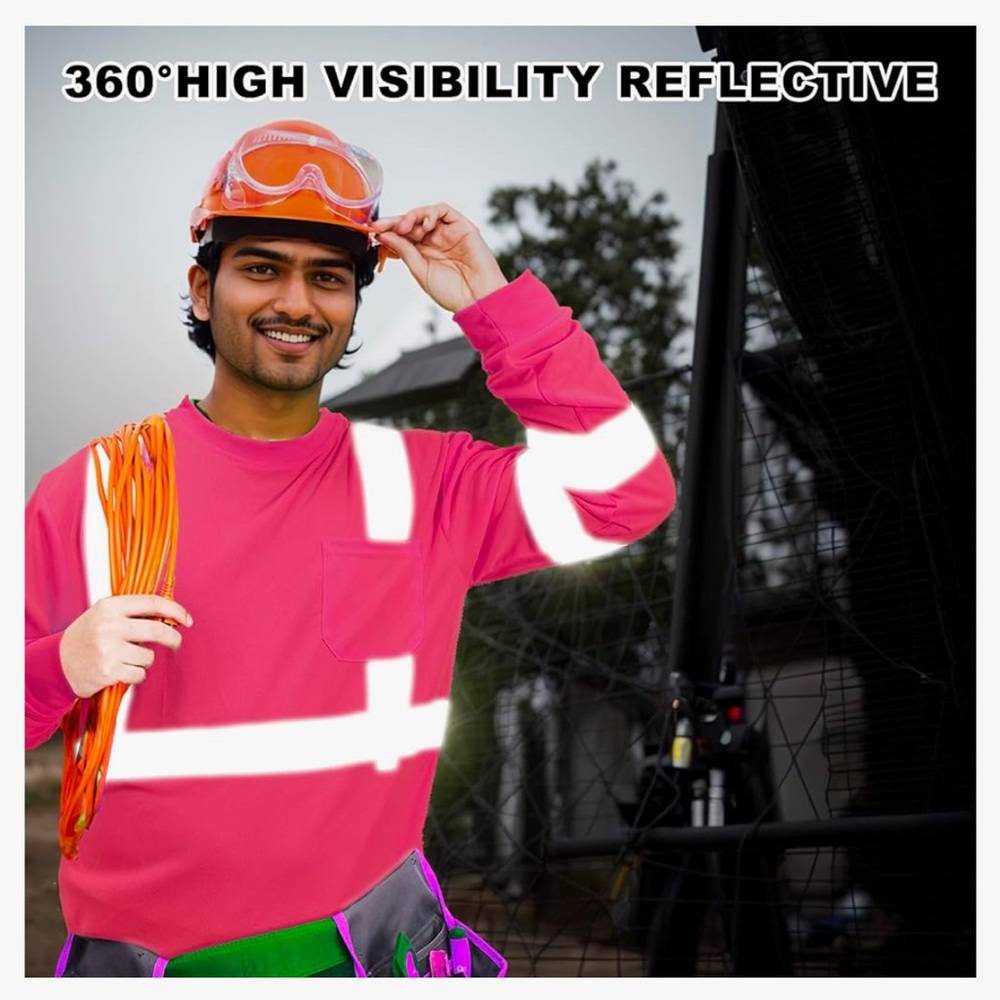 Men’s high visibility Long sleeve bright pink shirt. Size Large. NWOT.